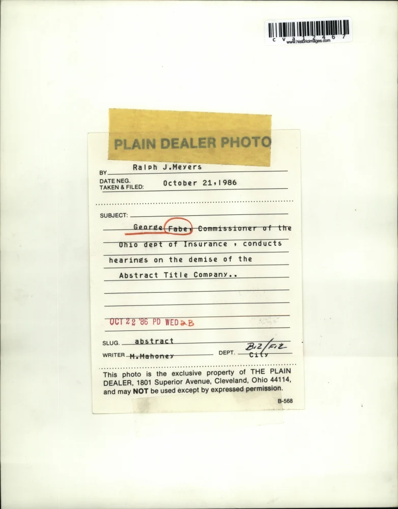 1986 Press Photo George Fabe at Hearing on Demise of Abstract Title Company - Image 2