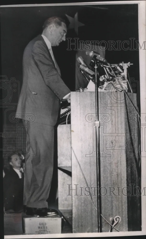 1964 Press Photo Rep. William Miller stood on case of Gold Water soft drinks