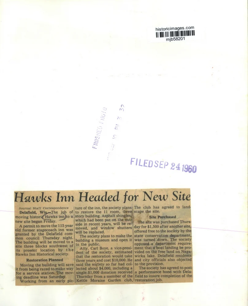 1960 Press Photo Hawks Inn headed for New Site, Delafield Milwaukee - mjb58201 - Image 2