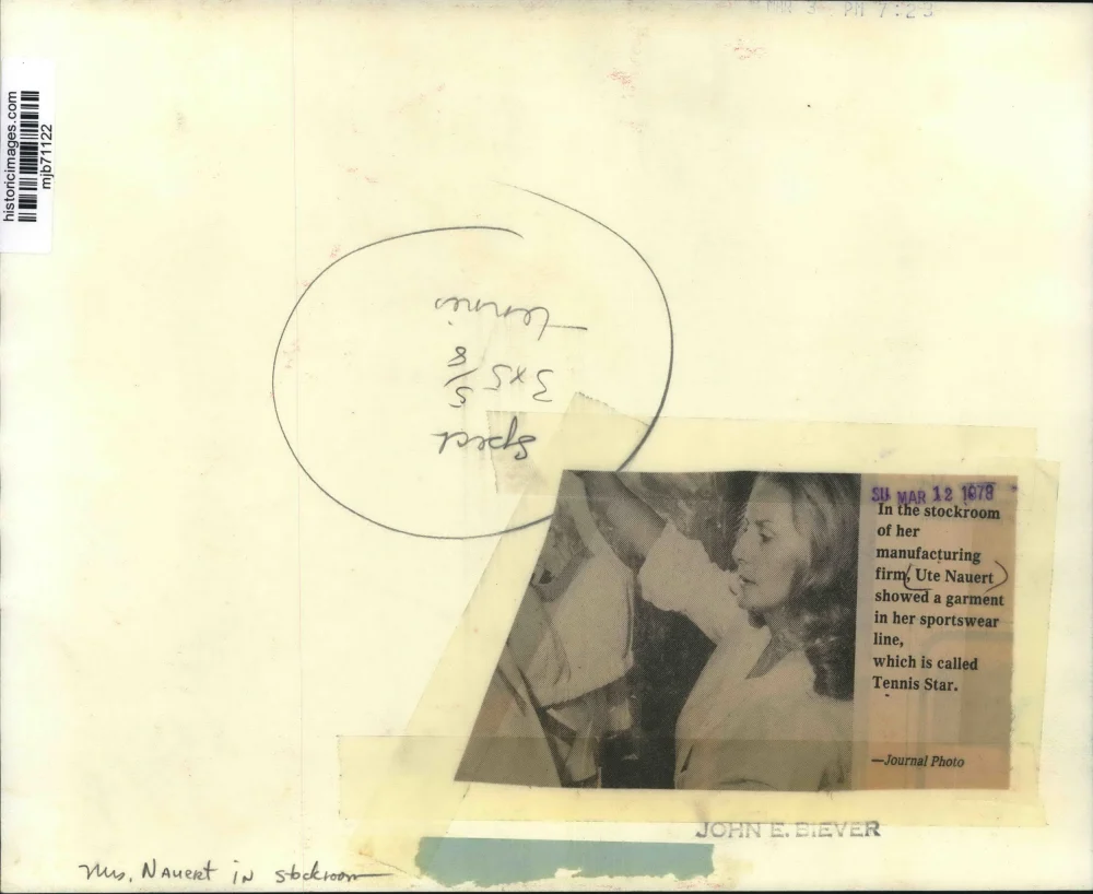 1978 Press Photo Ute Nauert in stockroom of her manufacturing firm, Tennis Star - Image 2
