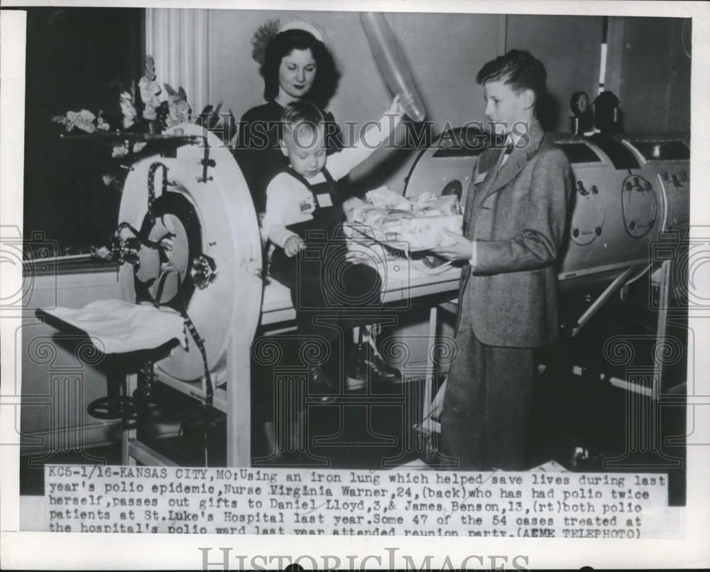1950 Press Photo Kansas City,Mo iron lung, RN V Warner,D Lloyd, J Benson,