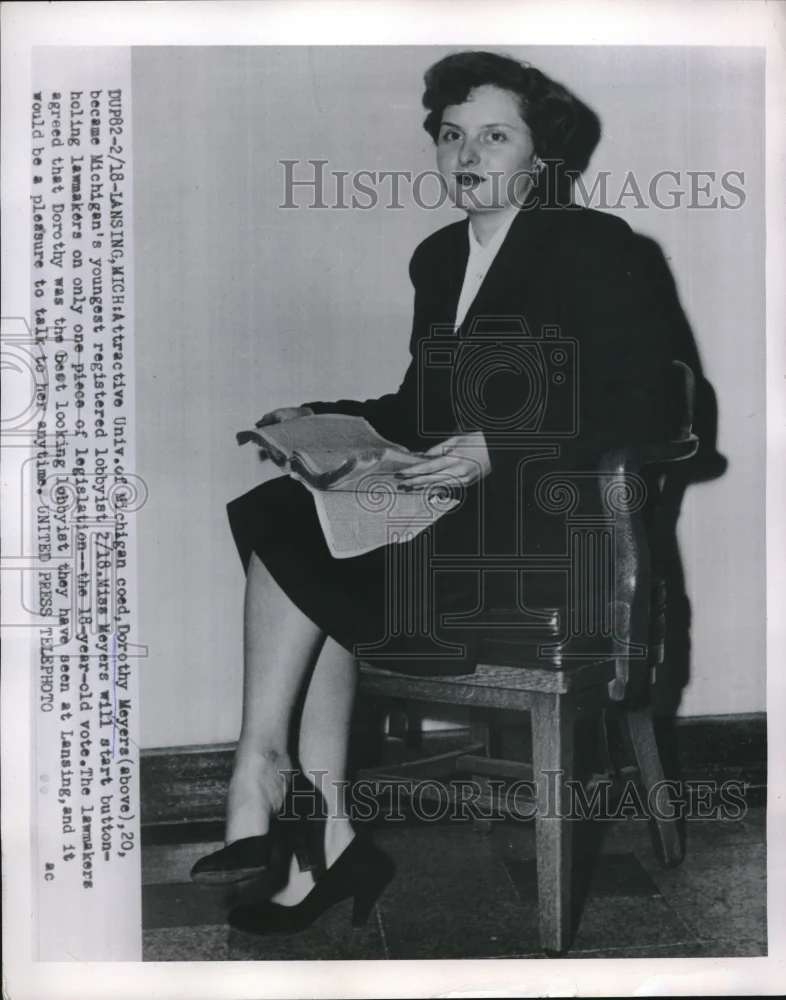 1954 Press Photo Lansing, Mich. Univ of Mich coed Dorothy Meyers, lobbyist