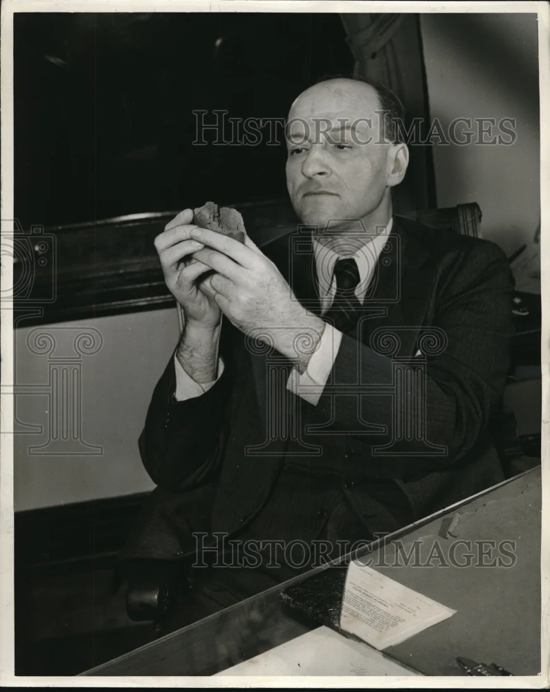1940 Press Photo Dr Steven Ruzicka Yugoslav scientist holds woodcvoke to replace