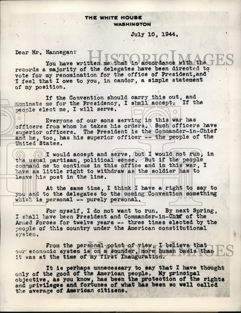 1944 Press Photo DC 1st pg of Pres Roosevelt letter to Dem. Natl Committee