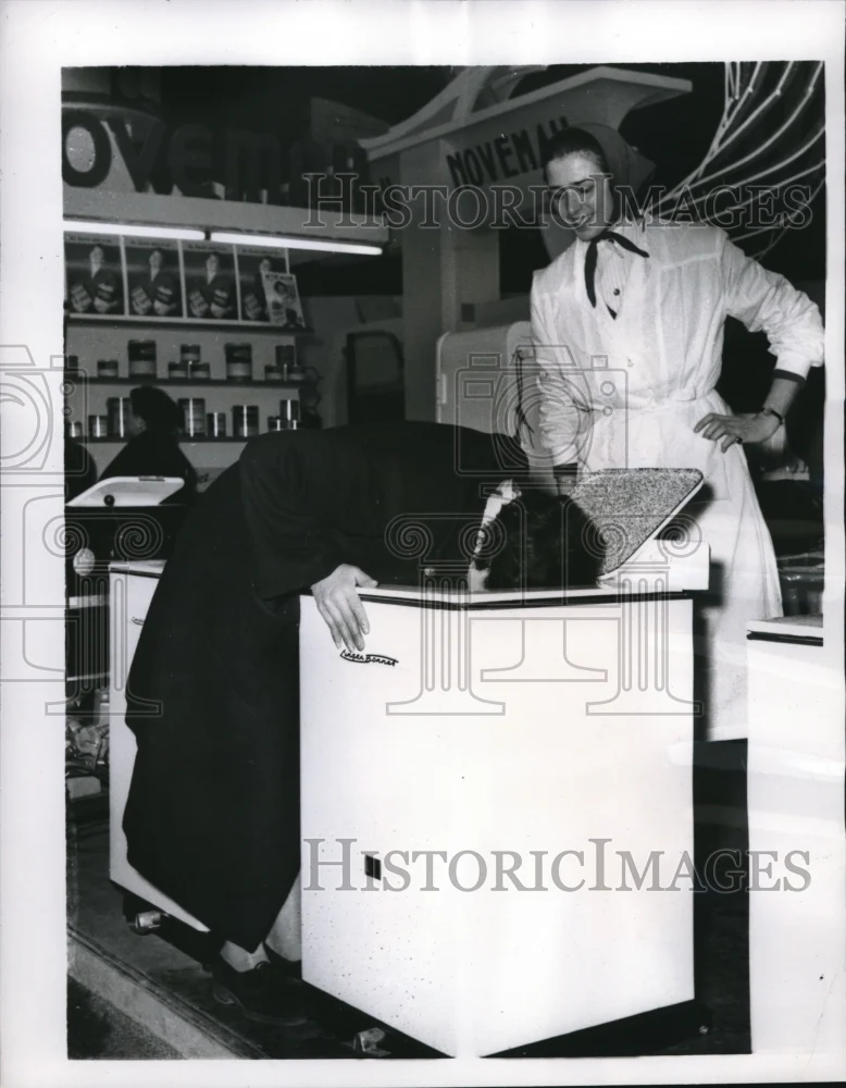 1956 Press Photo Paris housewife tries new washing machine at Homemaking Show