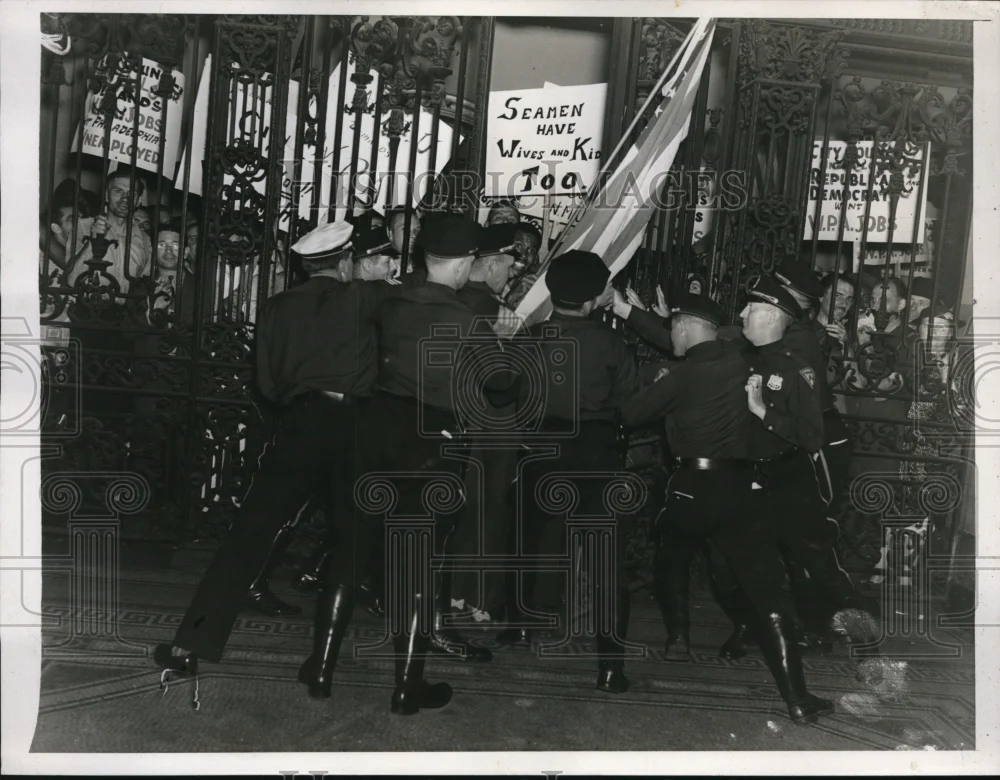 1938 Press Photo Eight Policemen Attempt to Guard City Councel in Philadelphia