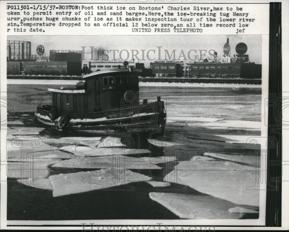 1957 Press Photo Foot thick ice on Boston's Charles River