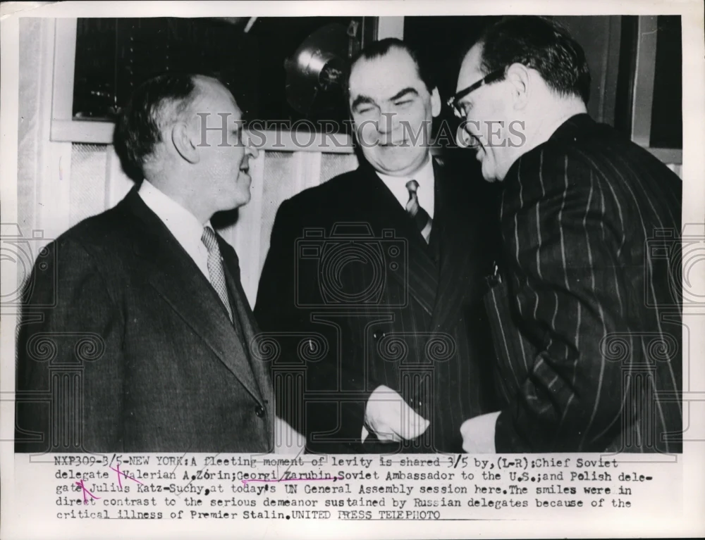 1953 Press Photo Valerian Zorin, Georgi Zarubin, and Julius Katz-Suchy