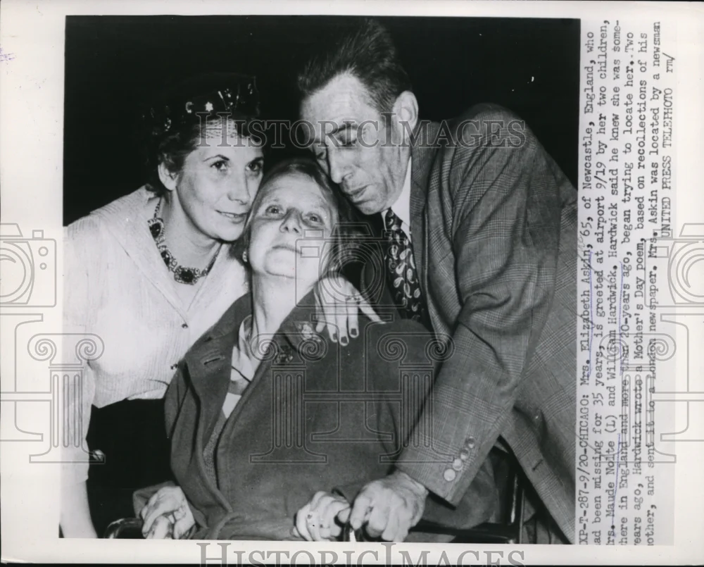 1954 Press Photo Chicago Mrs E Askin reunited with kids Mrs Nolte & Wm Hardwick