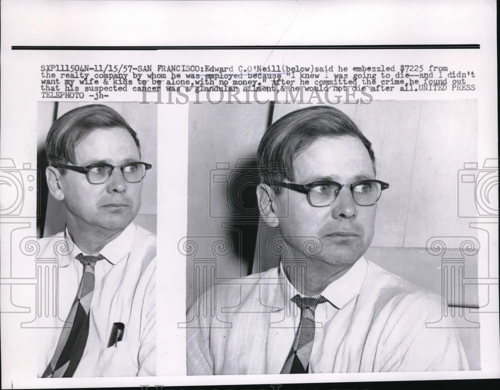 1957 Press Photo Edward O'Neill, embezzled for family, thought he was dying