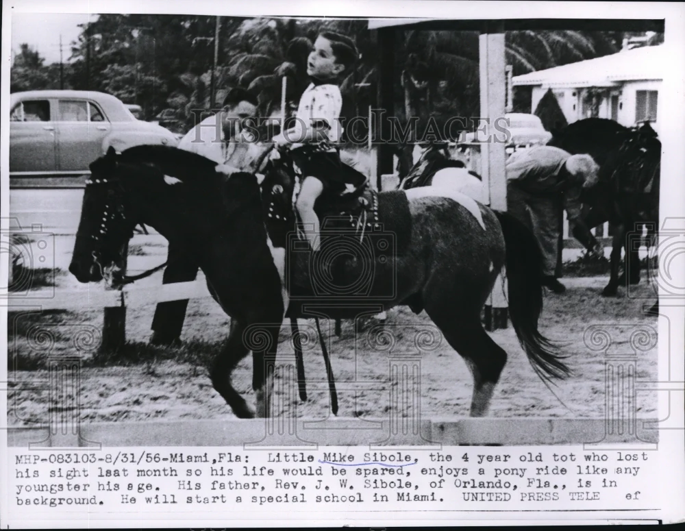 1956 Press Photo Miami, Fla, Mike Sibole age4 cancer child rides a horse