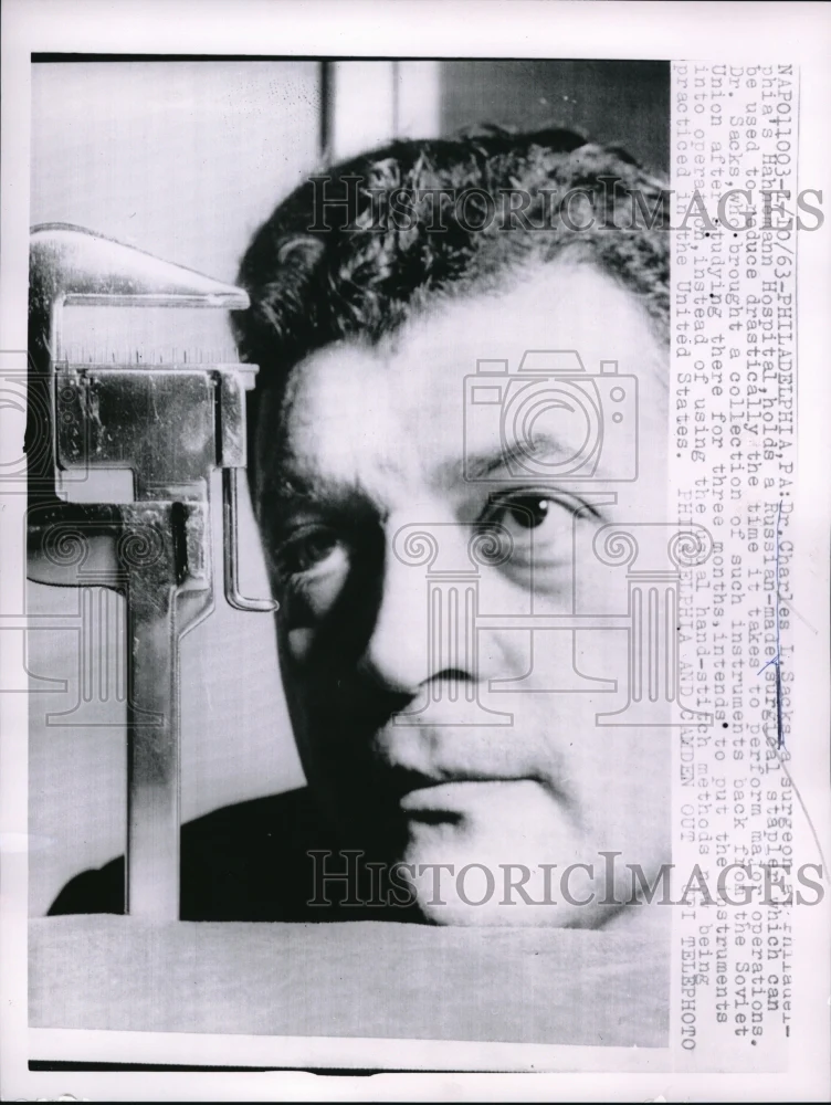 1963 Press Photo Dr. Charles L. Sacks with Russian-made Surgical Equipment