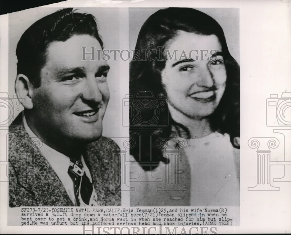 1951 Press Photo Eric Yeoman and wife Norma survived at 340 ft waterfall drop