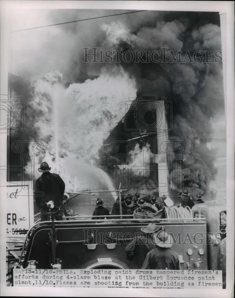 1953 Press Photo Exploding paint drums during a fire at Gilbert Paint Plan