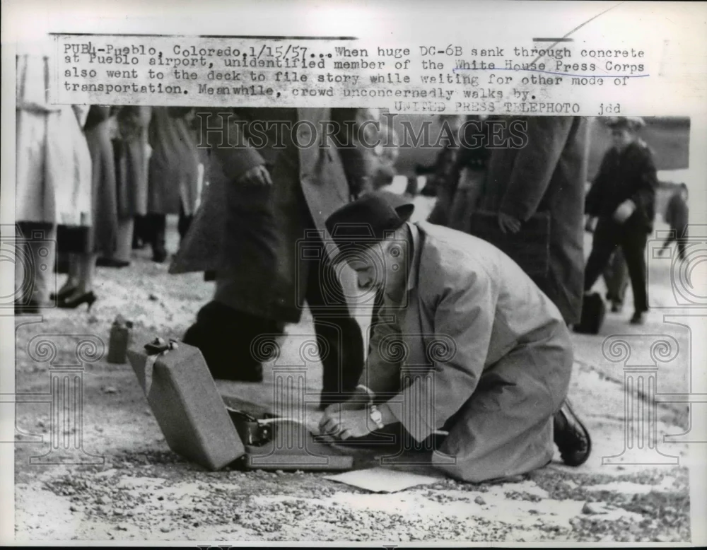 1957 Press Photo Pueblo Colo when a huge DC-6B sank through concrete at Pueblo