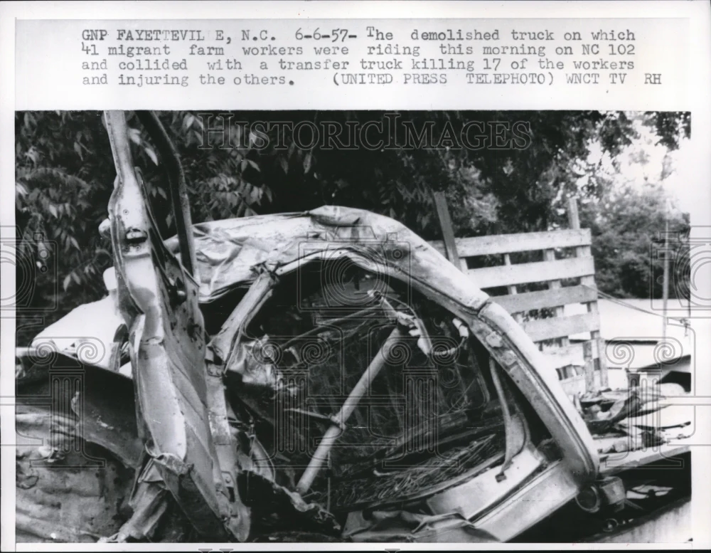 1957 Press Photo Demolished truck of forty-one migrant farm workers