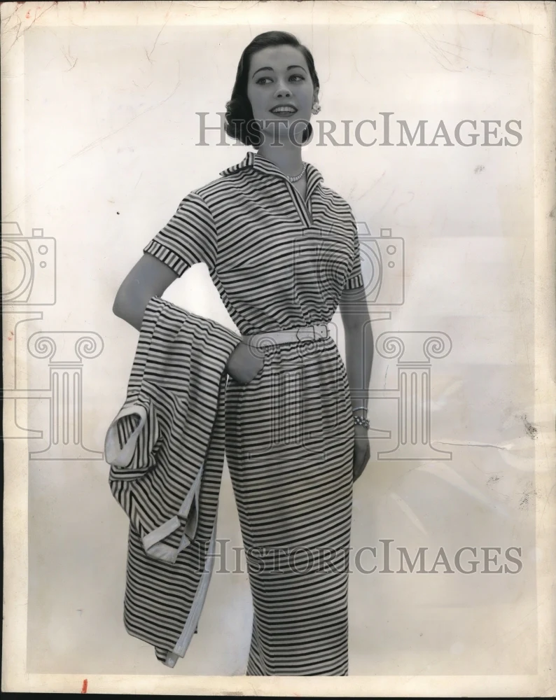 1956 Press Photo Cotton Jersey ensembles in red and white and blue stripes