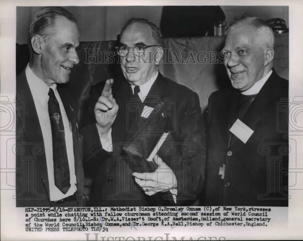 1954 Press Photo Bishop Bromley Oxnam,Dr.W.A. Visser't and Dr.George K,A, Bell