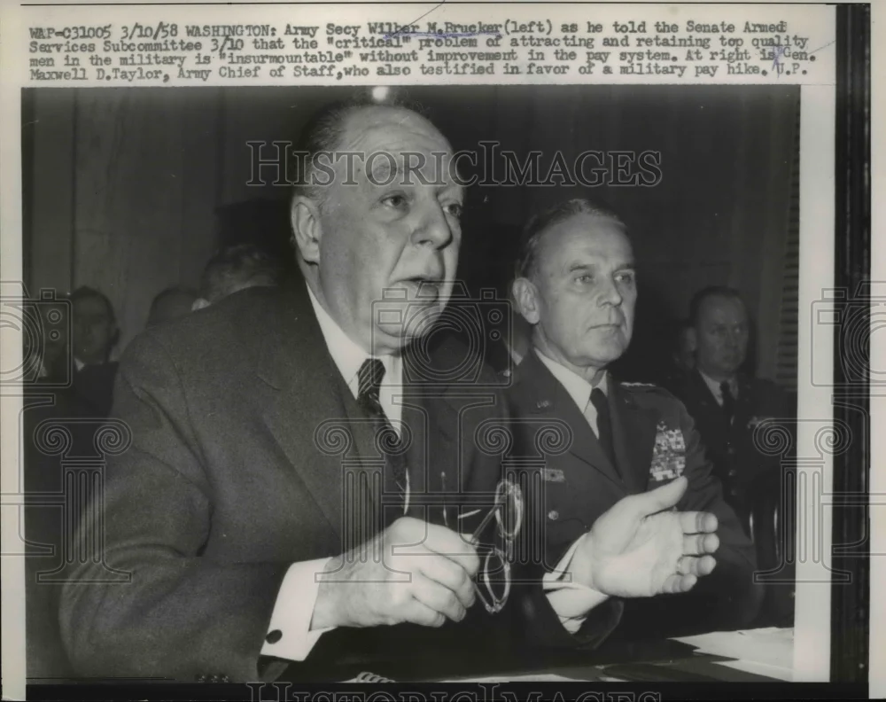 1958 Press Photo Wilber M. Brucker talks to Senate Armed Services Subcommittee