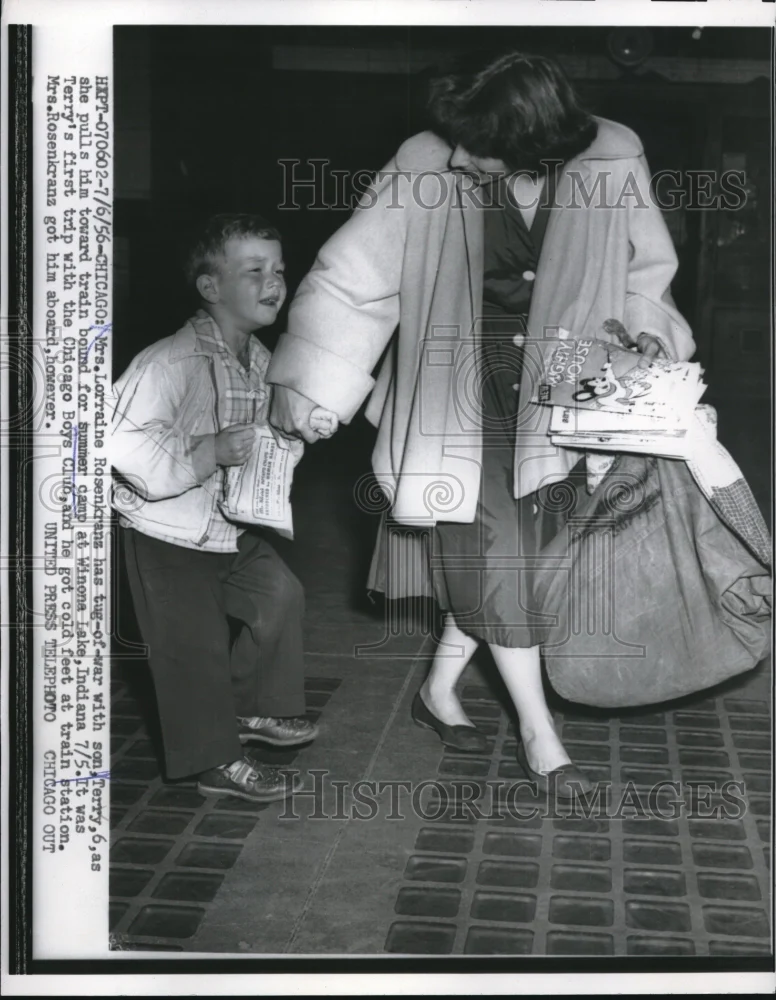 1956 Press Photo Lorraine Rosenkranz Pulls Son Terry Onto Summer Camp Train