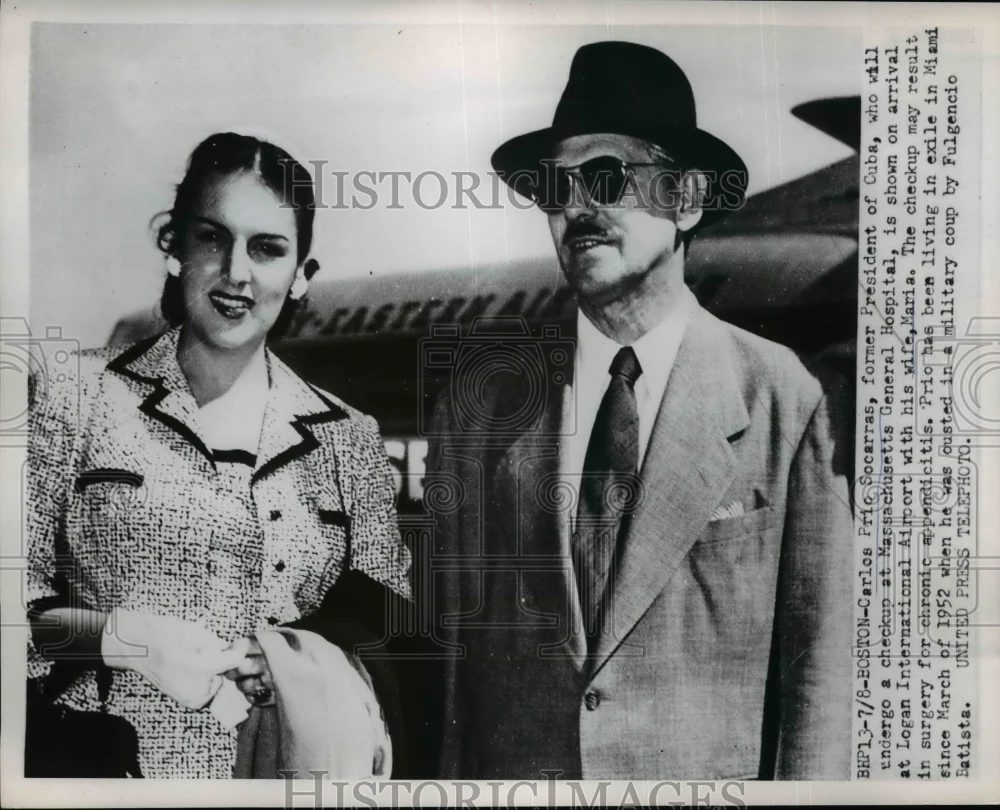 1953 Press Photo Cuban President Carlos Prio Socarras & Wife Maria in Boston