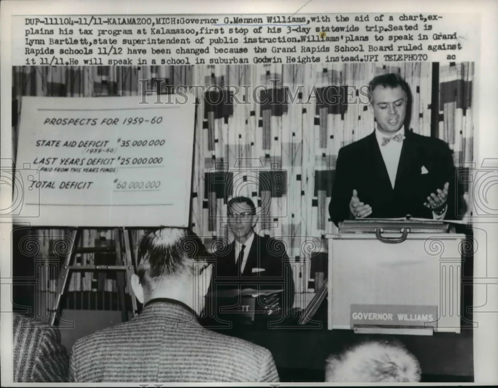 1959 Press Photo Michigan Gov G Mennen Williams explains tax program - nef03550