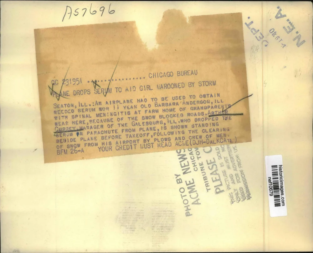 Undated Press Photo Plane drops serum to air Barbara Anderson before heavy snow - Image 2
