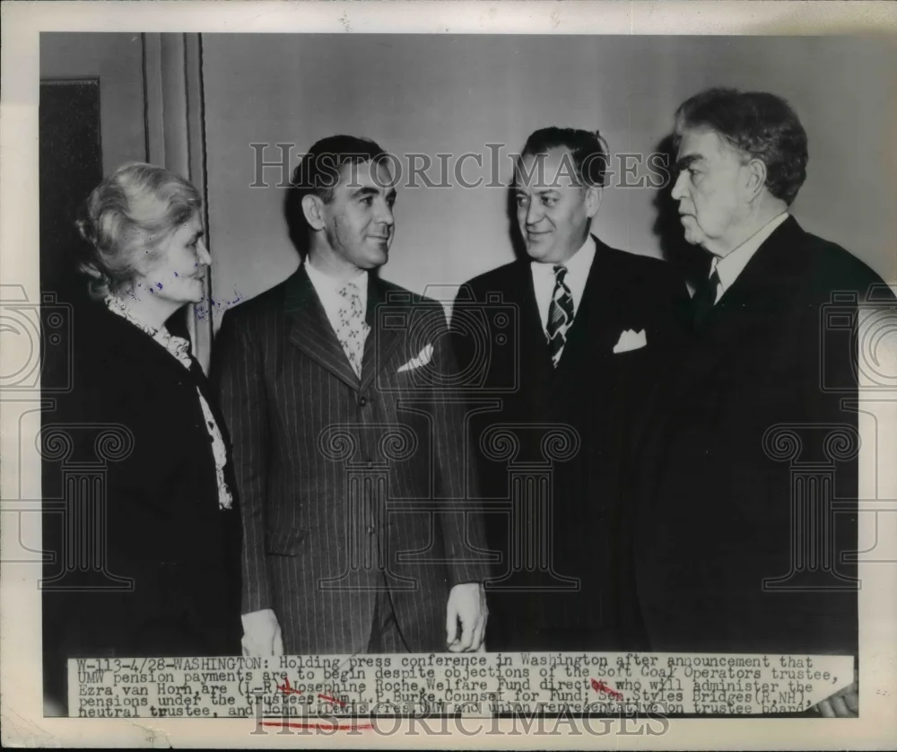 1948 Press Photo Roche, Burke, Bridges, Lewis holding press conference