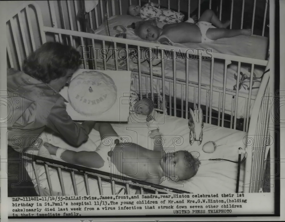 1955 Press Photo Twins James and Sandra Hinton celebrated Birthday at the Hosp