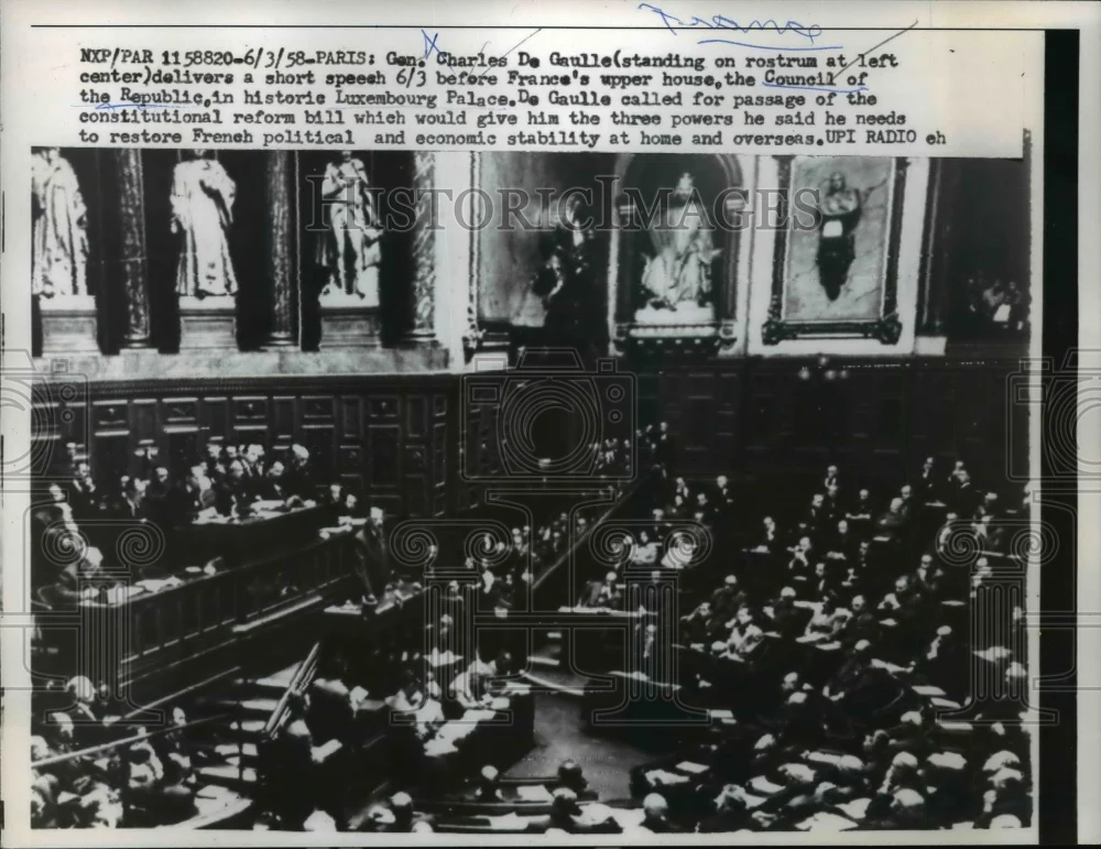 1958 Press Photo Charles de Gaulle Speaking at Council of Republic, France