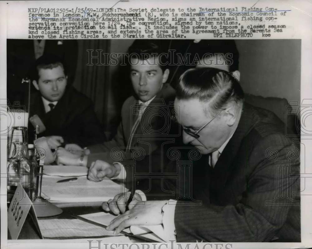 1959 Press Photo Soviet Delegate Sukhoruchenki at Int. Fishing Conf. in London