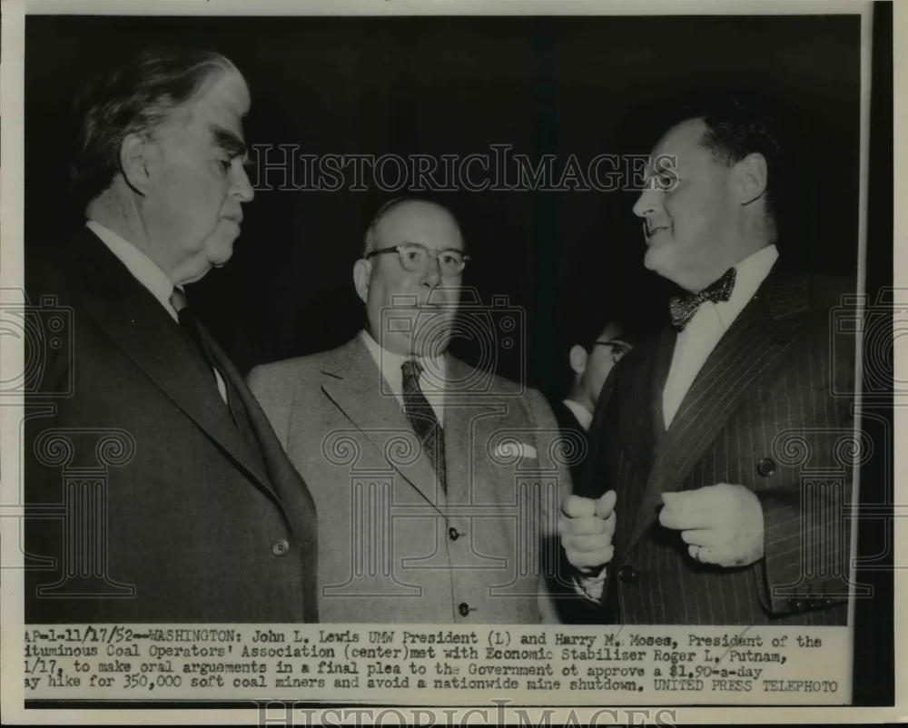 1952 Press Photo John L. Lewis, Harry M. Moses, Roger L. Putnam Meet, Washington
