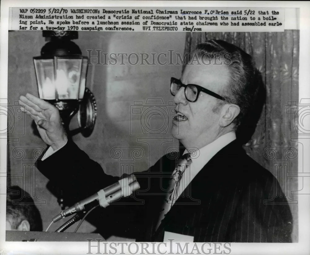 1970 Press Photo Democratic National Chairman Lawrence O'Brien Speaks at Luncheo