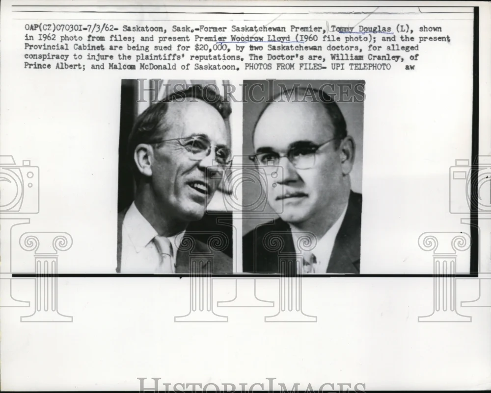 1962 Press Photo Tommy Douglas, Woodrow Lloyd and Provincial Cabinet Sued