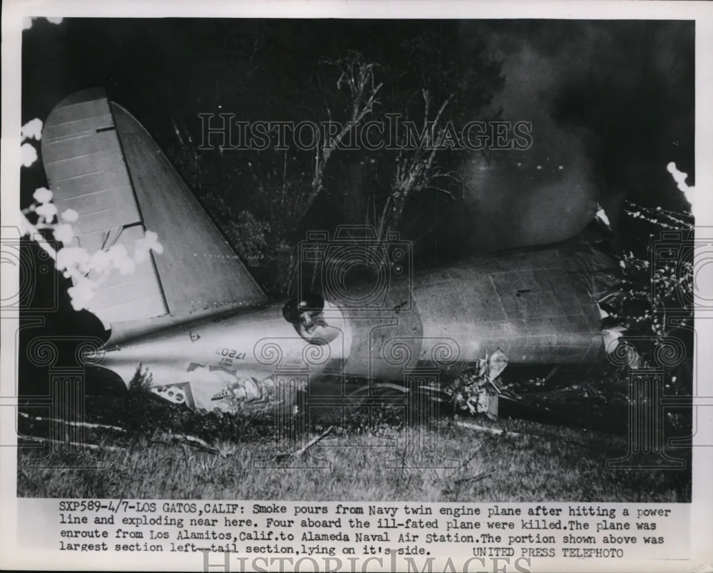 1952 Press Photo Navy Twin Engine Plane exploded after hitting a power Line
