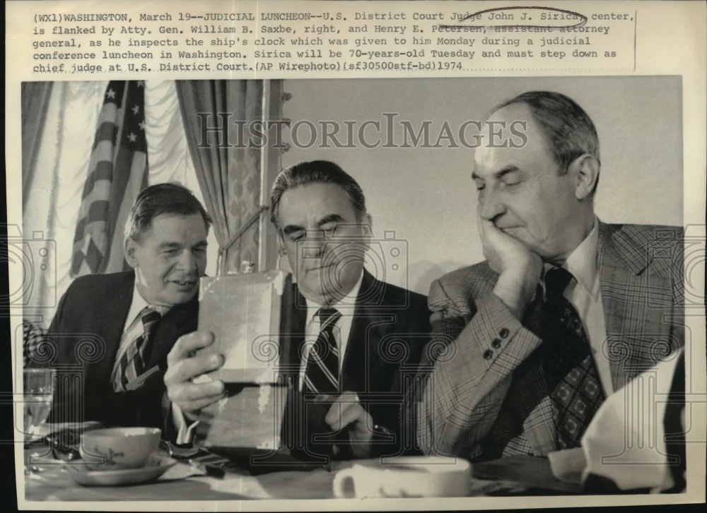 1974 Press Photo U.S Dist.Judge John J.Sirica inspect ship clock given to him
