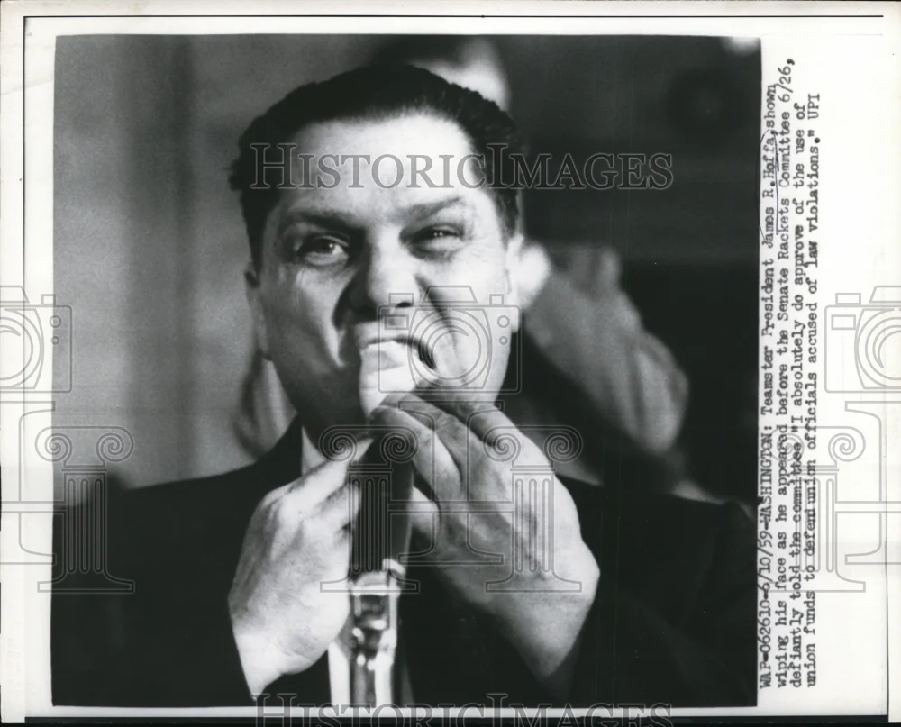 1959 Press Photo Teamster James Hoffa Shown as He Appeared Before Sen Rackts