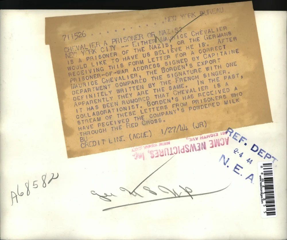 1944 Press Photo Prisoner of war letter allegedly signed by Maurice Chevalier - Image 2