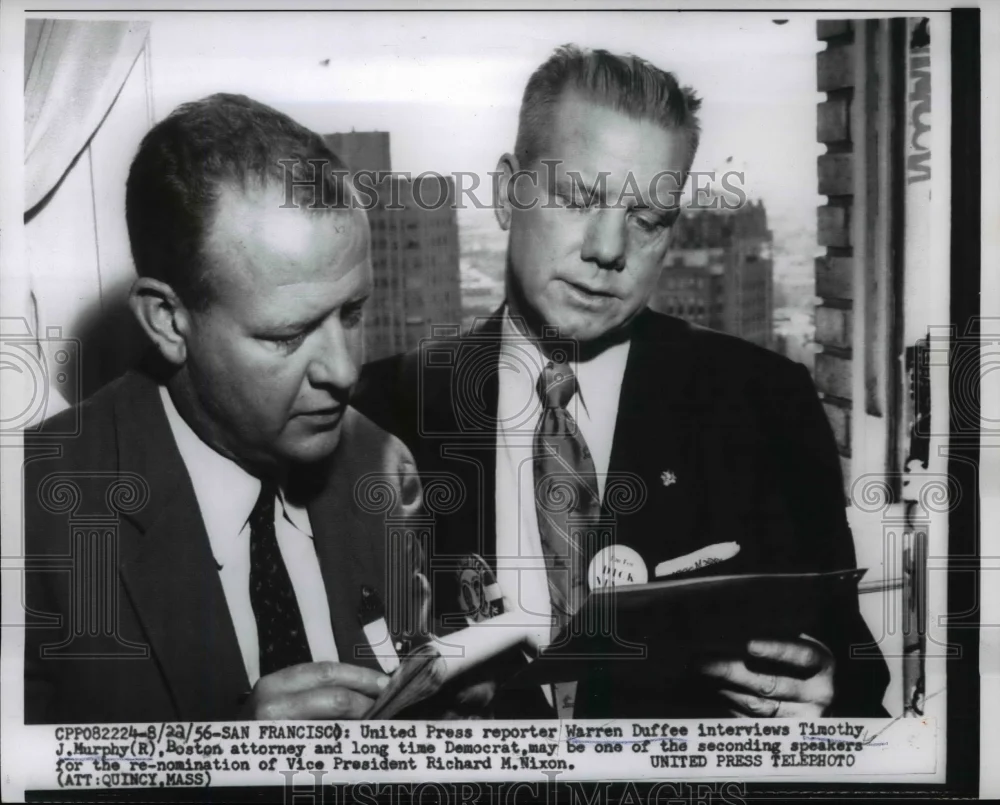1956 Press Photo UP reporter Warren Duffee & Timothy J Murphy Boston atty