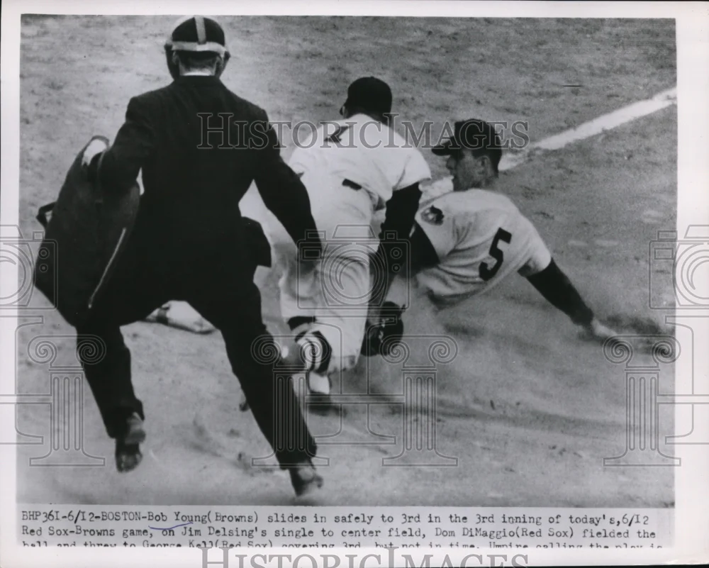 1952 Press Photo Boston Browns Bib Young slides to 3rd vs Red Sox G Kell