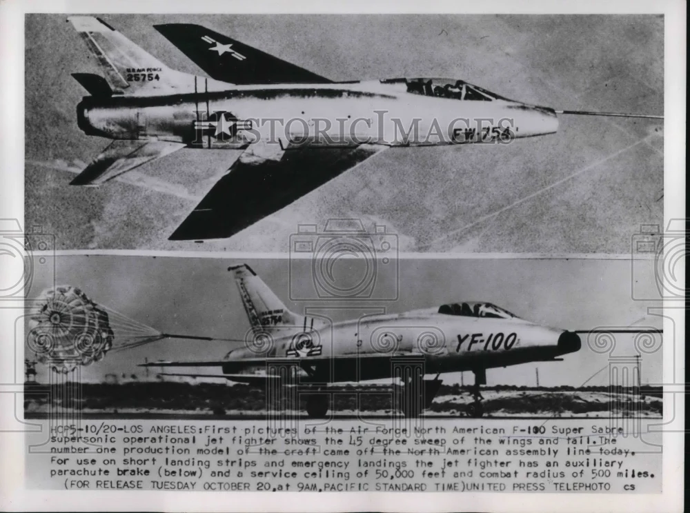 1953 Press Photo LA Calif Air Force F-100 SuperSabre supersonic fighter jets
