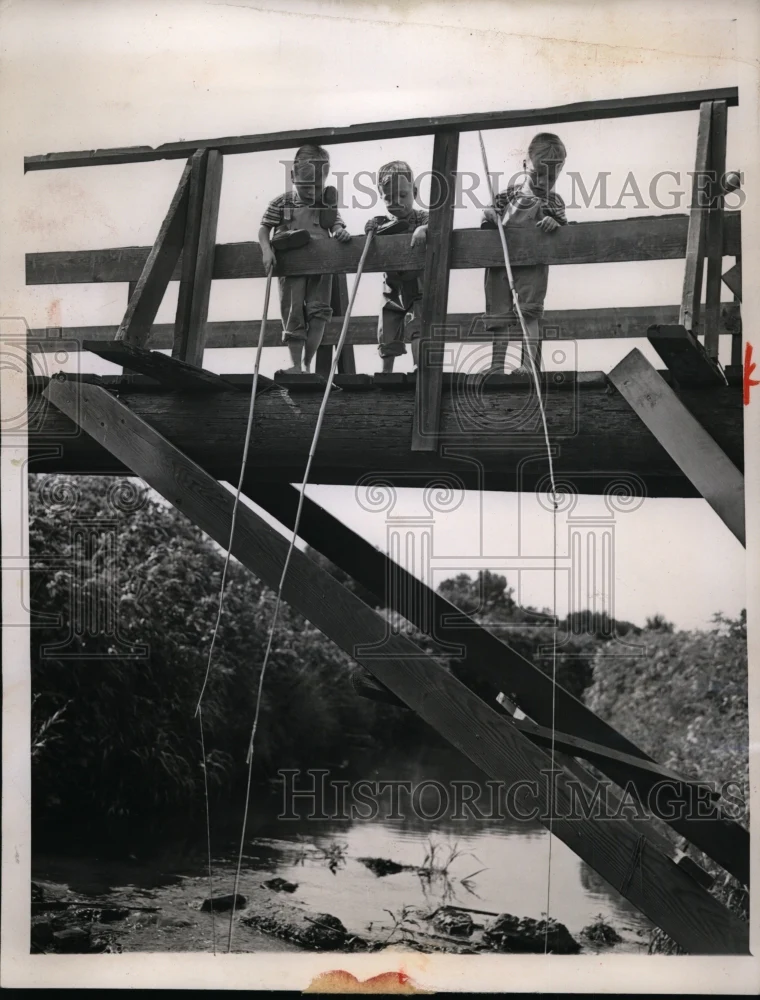 1946 Press Photo Tom, Dick & Harry Kraus Triplets Fishing in Des Plaines River