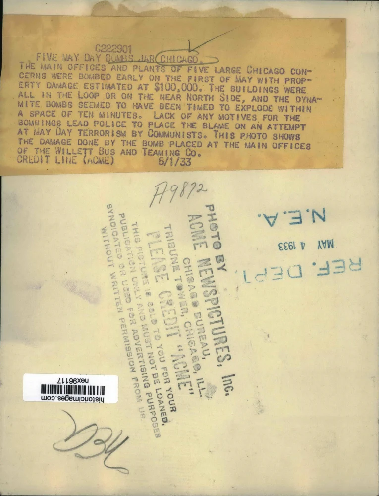 1933 Press Photo 5 May Day Bombs in Chicago Offices Damages Over $100,000 - Image 2