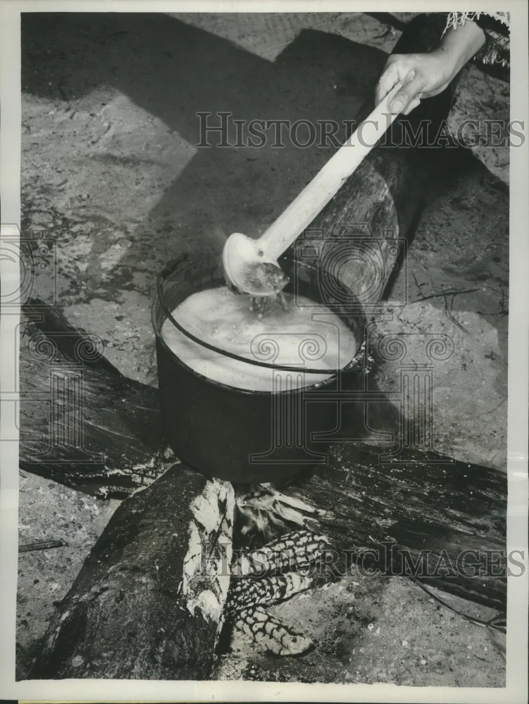 1962 Press Photo Burning Logs and Bubbling Stew in Backyard Kitchen - ney27668