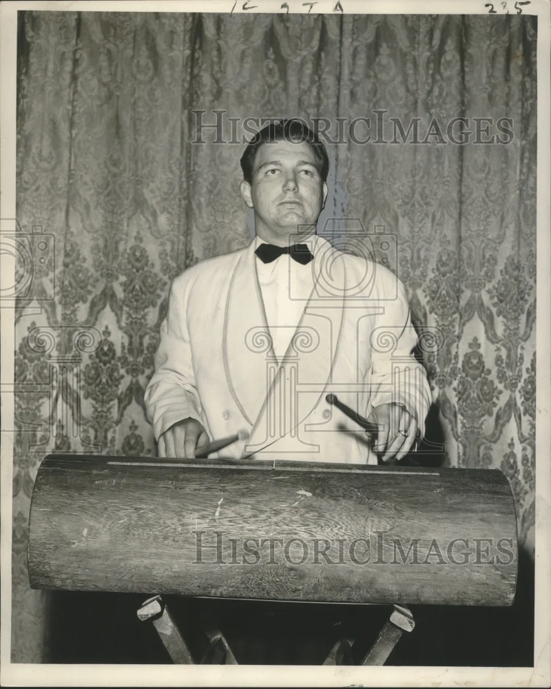 1953 Press Photo Tulane University Concert Band Bass Drummer Harold Bretz plays