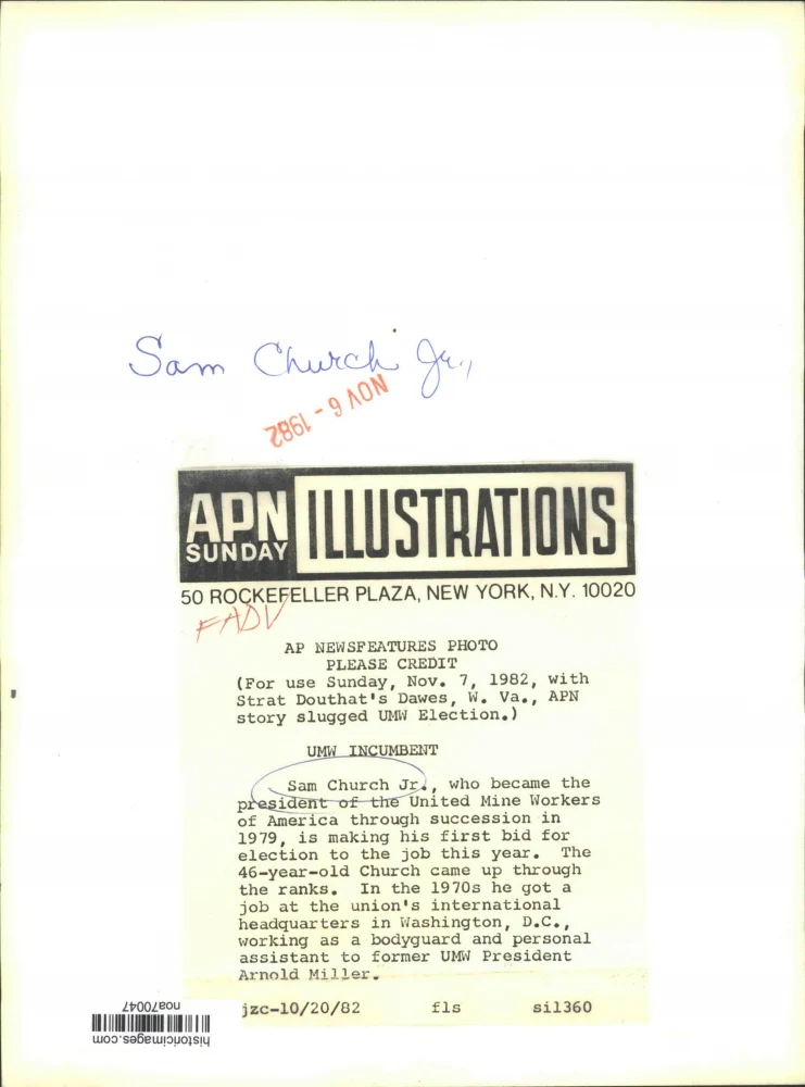 1982 Press Photo Sam Church Jr., President of the United Mine Workers of America - Image 2