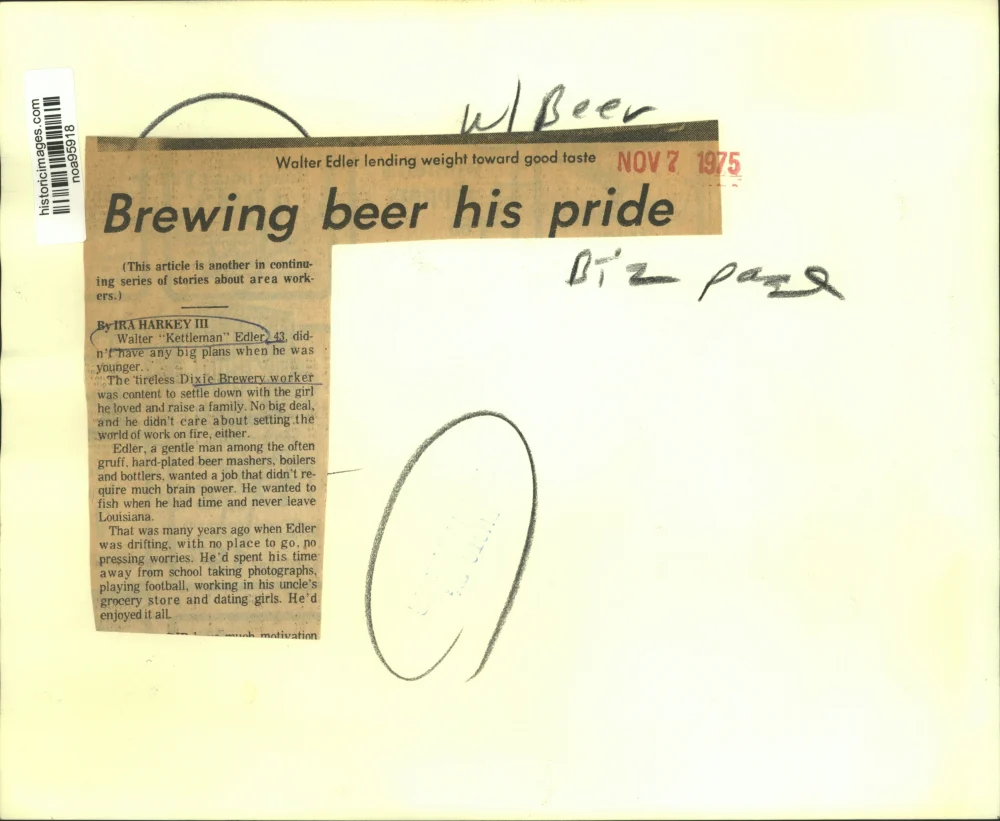 1975 Press Photo Walter Edler worker for Dixie Brewery - noa95918 - Image 2