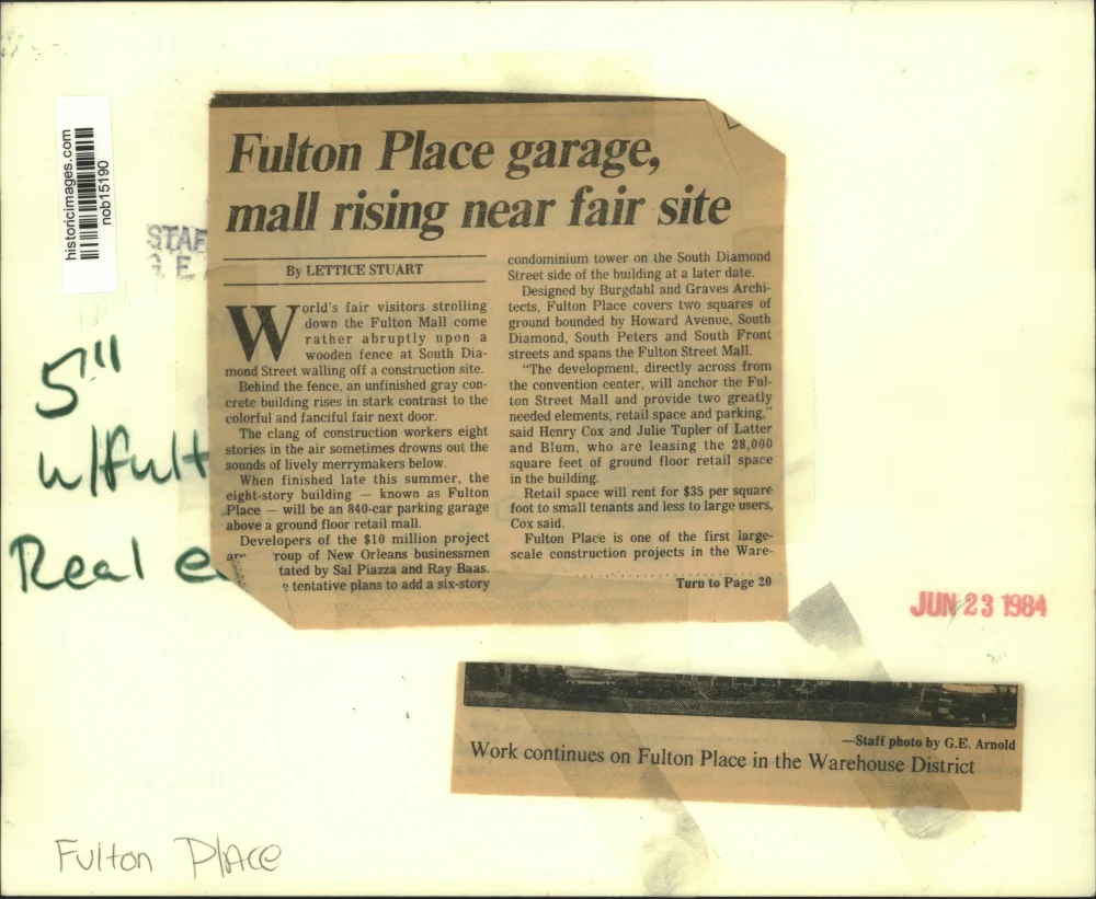 1984 Press Photo Work continues on Fulton Place in Warehouse District - Image 2
