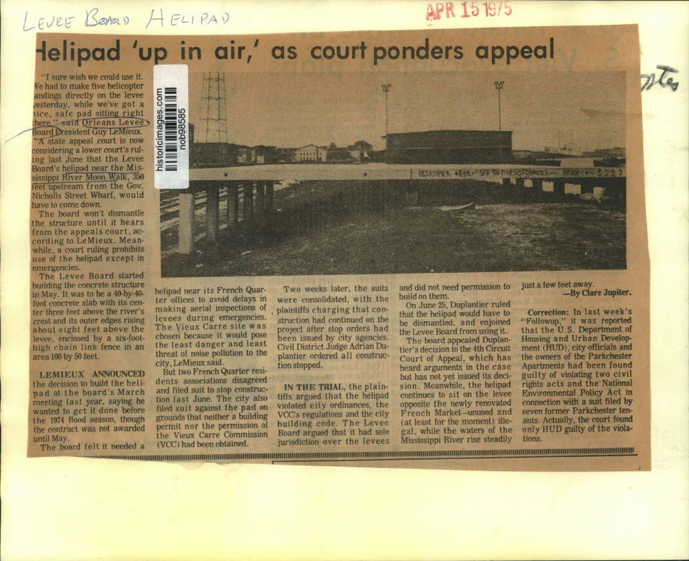 1975 Press Photo Orleans Levee Board Helipad Under Dispute Near French Quarter - Image 2