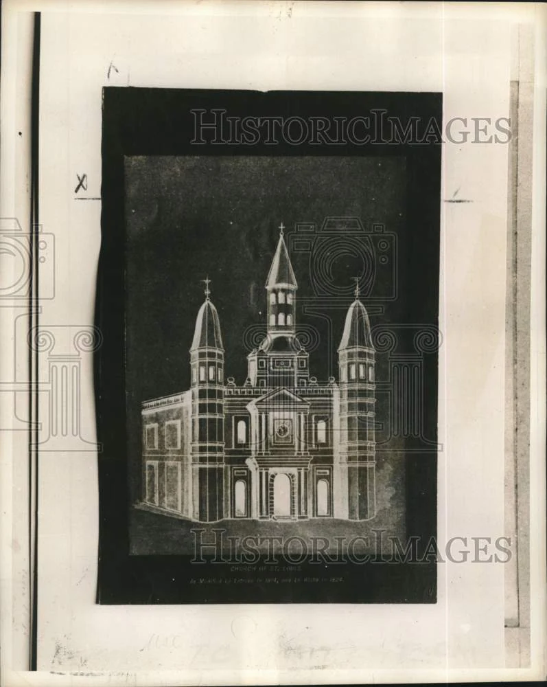 1959 Press Photo Drawing of St. Louis Cathedral modified by Benjamin Latrobe